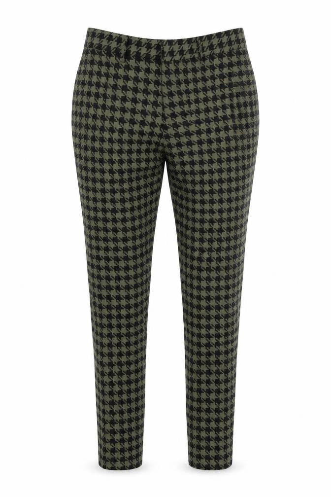 Front view of ASOS women’s green geometric polyamide trousers, size UK 30, in, 31-inch leg regular zip - houndstooth pattern