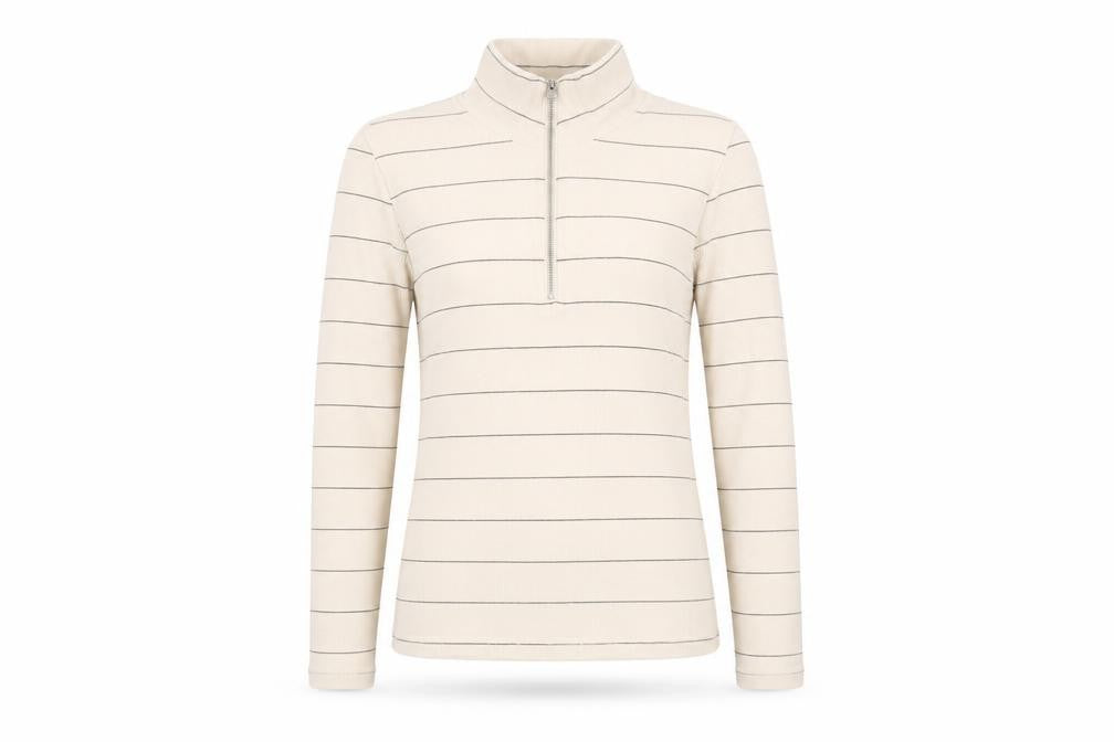 Marks and Spencer Womens Beige Striped Cotton Basic T-Shirt Size 10 Mock Neck