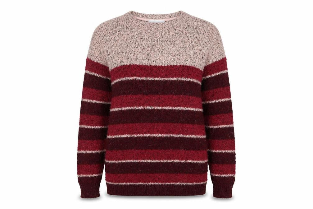 Front view of Red Herring women’s pink crew neck striped acrylic jumper, size UK 12