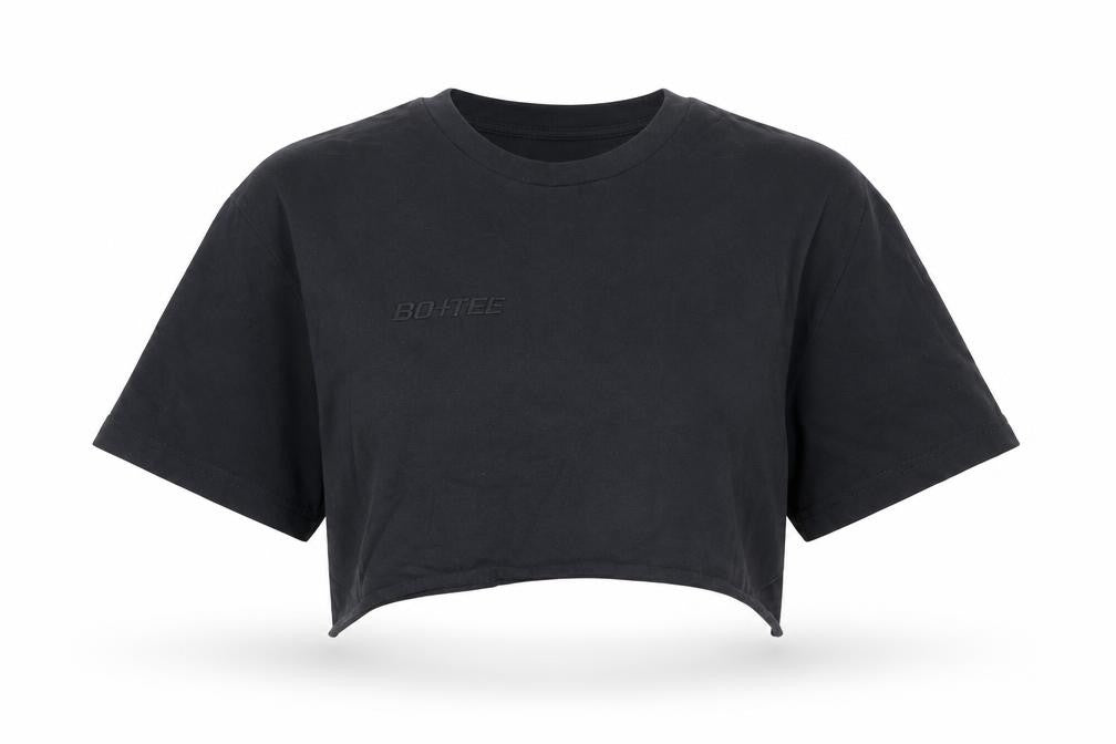 Bo+Tee Womens Grey Cotton Cropped T-Shirt Size M Crew Neck - Logo, Embroidered