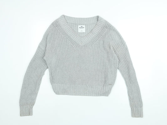 Hollister Womens Grey V-Neck Cotton Pullover Jumper Size S