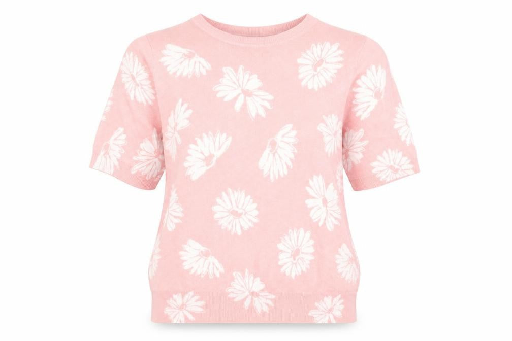 Marks and Spencer Womens Pink Floral Viscose Basic T-Shirt Size 8 Round Neck