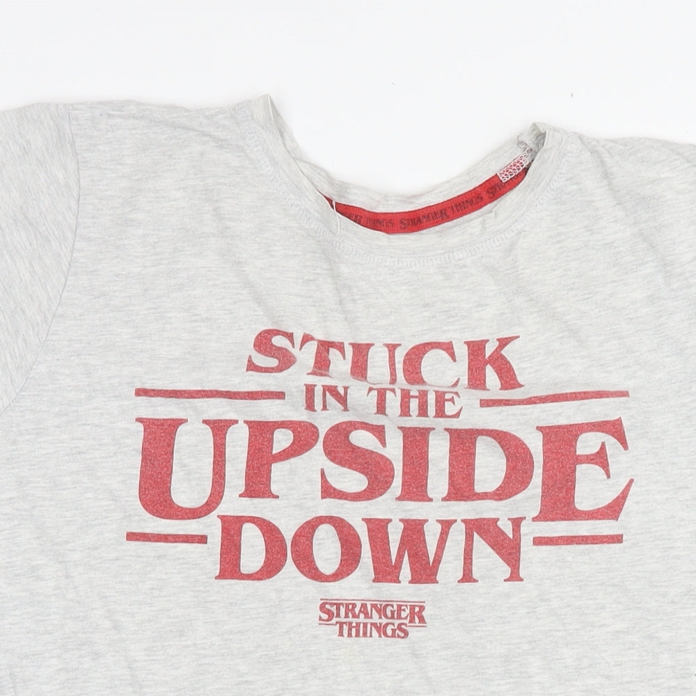 Stranger Things Womens Grey Cotton Basic T-Shirt Size 12 Round Neck - Logo Size 12-14