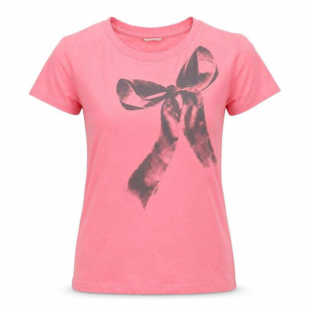 ESPRIT Womens Pink Cotton Basic T-Shirt Size 2XS Round Neck - Bow