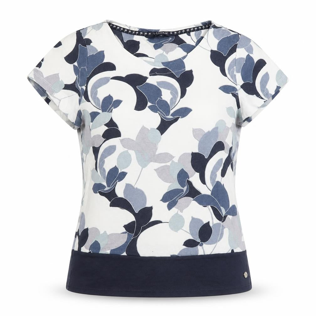 Front view of Maine New England women’s blue floral cotton basic blouse, size UK 12, round neck