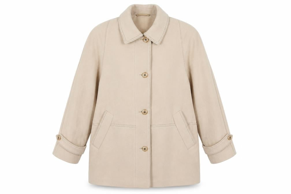 Front view of David Barry Beige Wool Blend Overcoat, size 18