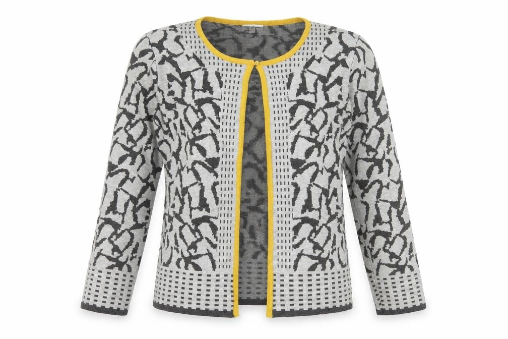 Front view of Nina Murati Grey Geometric Cardigan - Small, Long Sleeve