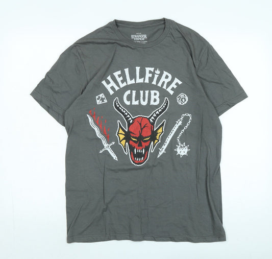 Stranger things Mens Grey Cotton T-Shirt Size M Crew Neck - Logo - Hellofire club