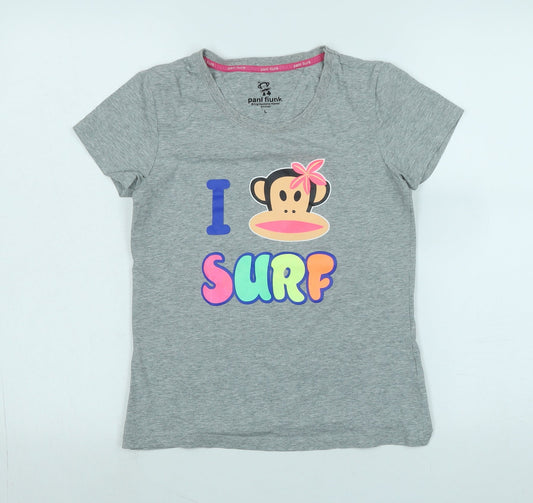 Pani Fiunk Womens Grey Cotton Basic T-Shirt Size L Crew Neck - Logo - I Surf