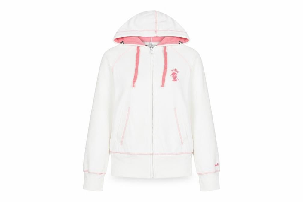Front view of Disney girls’ white jacket, size S, zip - logo
