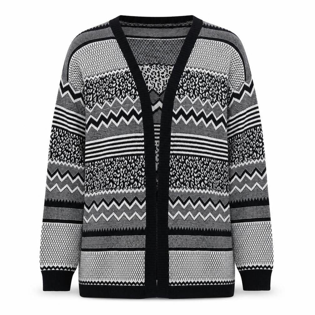 H&M Womens Black Crew Neck Geometric Cotton Cardigan Jumper Size M
