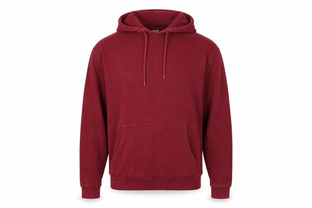 Front view of ASOS men’s red cotton pullover hoodie, size M