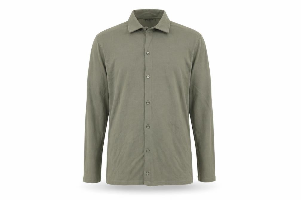 Front view of ASOS men’s green cotton button-up, size L, collared button