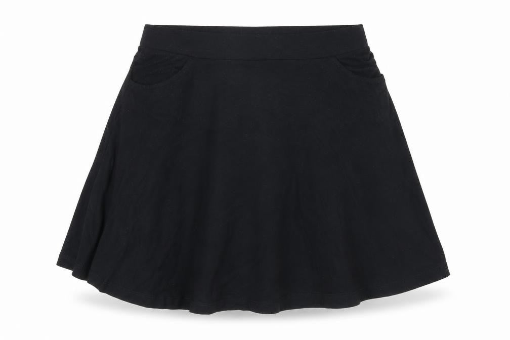Front view of ASOS women’s black viscose a-line skirt, size UK 10, - pockets on front
