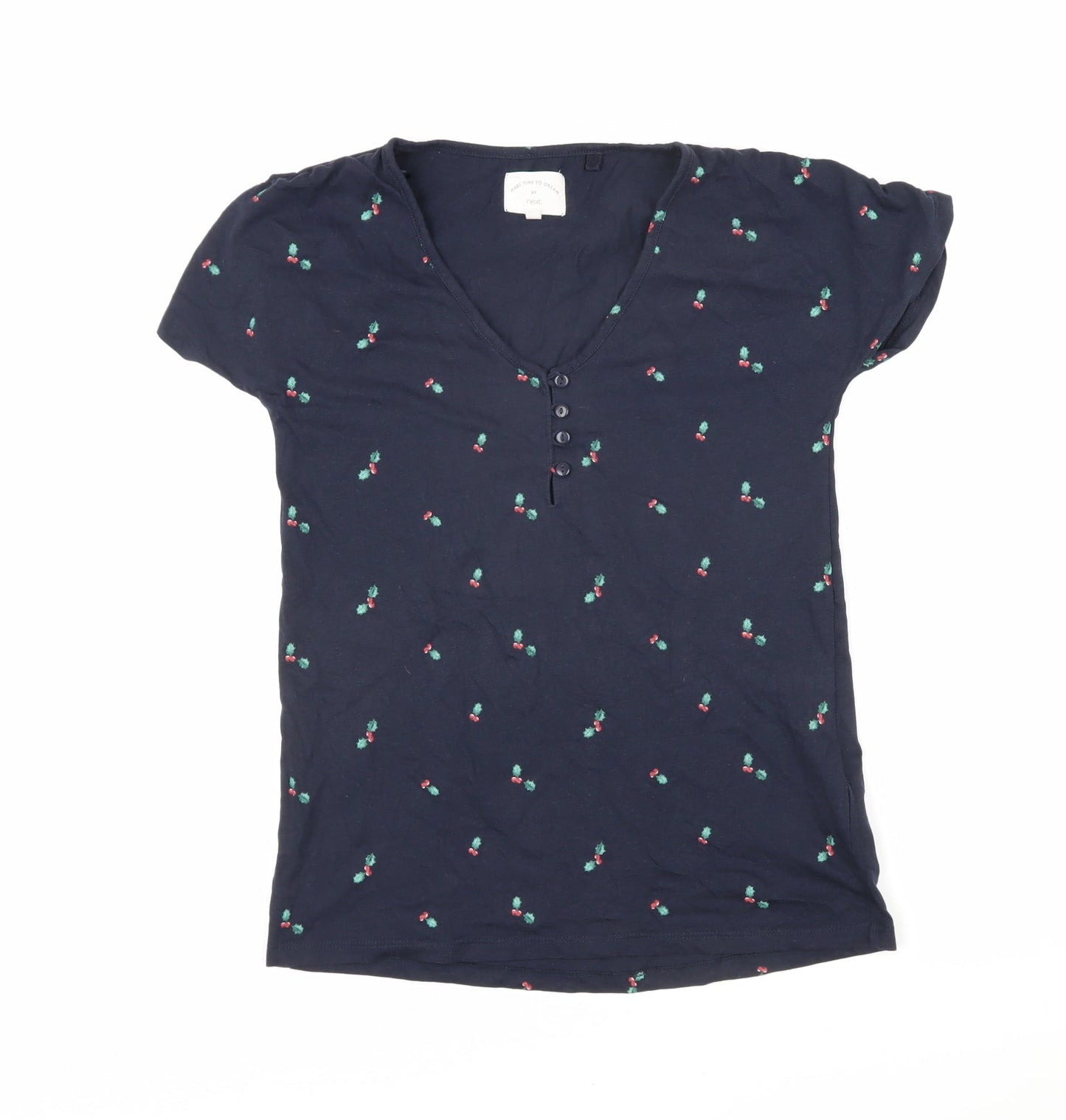 NEXT Womens Blue Geometric 100% Cotton Basic T-Shirt Size XS V-Neck - Holly leaves and berries