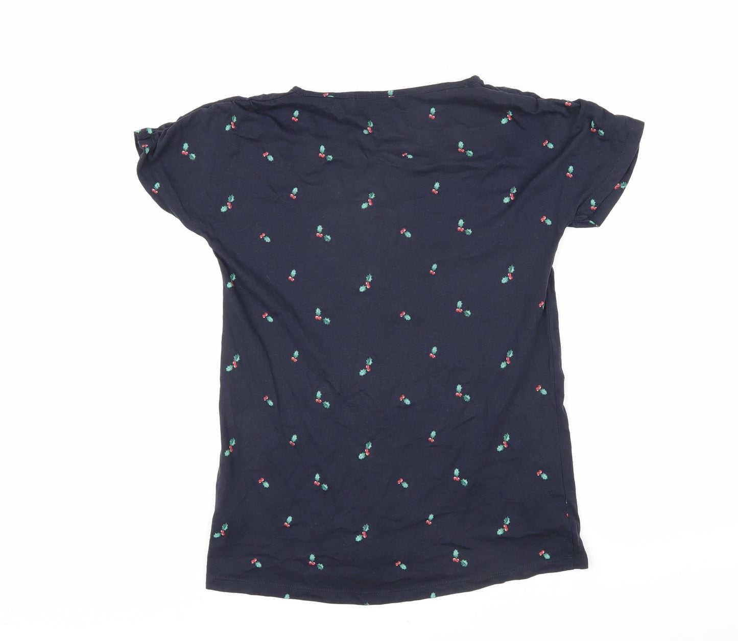 NEXT Womens Blue Geometric 100% Cotton Basic T-Shirt Size XS V-Neck - Holly leaves and berries