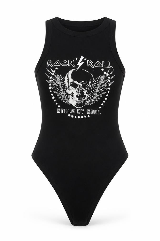 River Island Womens Black Cotton Bodysuit One-Piece Size 10 Snap - Rock 'n' Roll