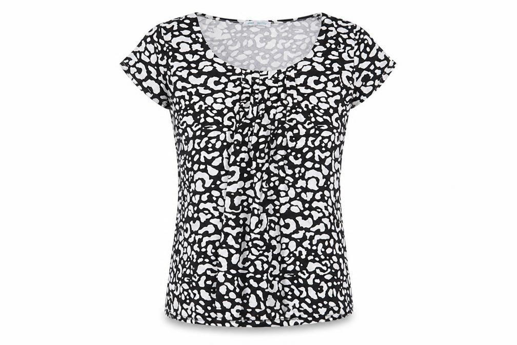Marks and Spencer Womens Black Geometric Viscose Basic T-Shirt Size 12 Scoop Neck - Pleated