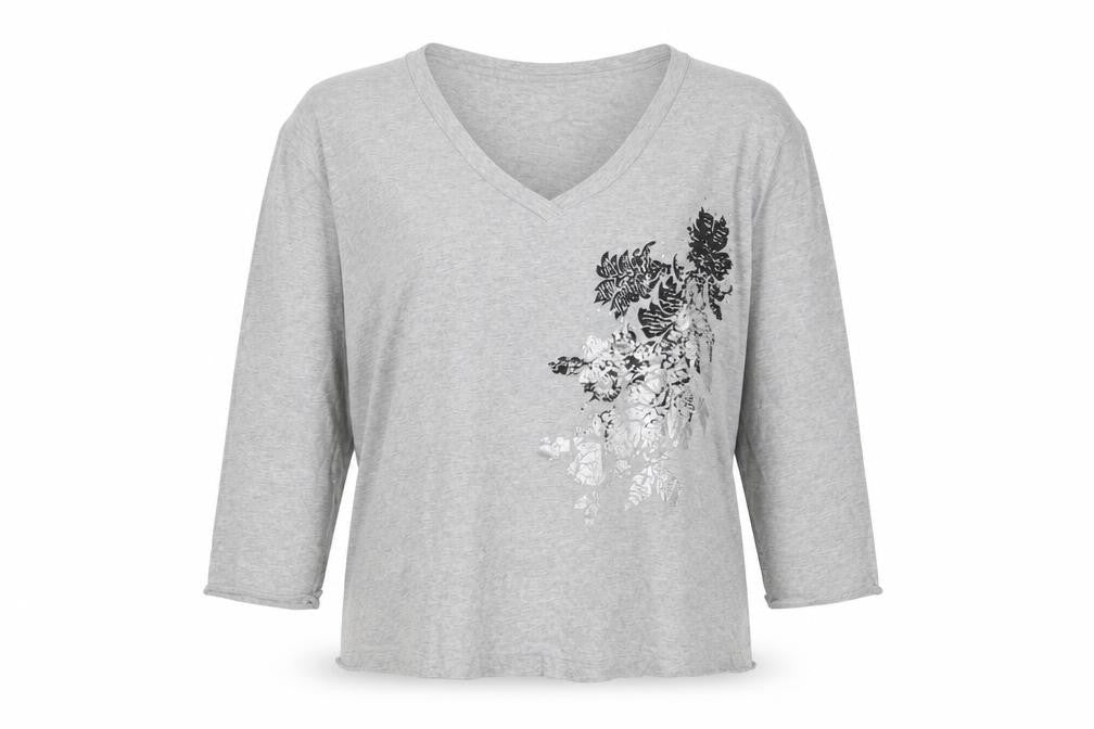 Andre de Brett Womens Grey Floral Cotton Basic T-Shirt Size 22 V-Neck