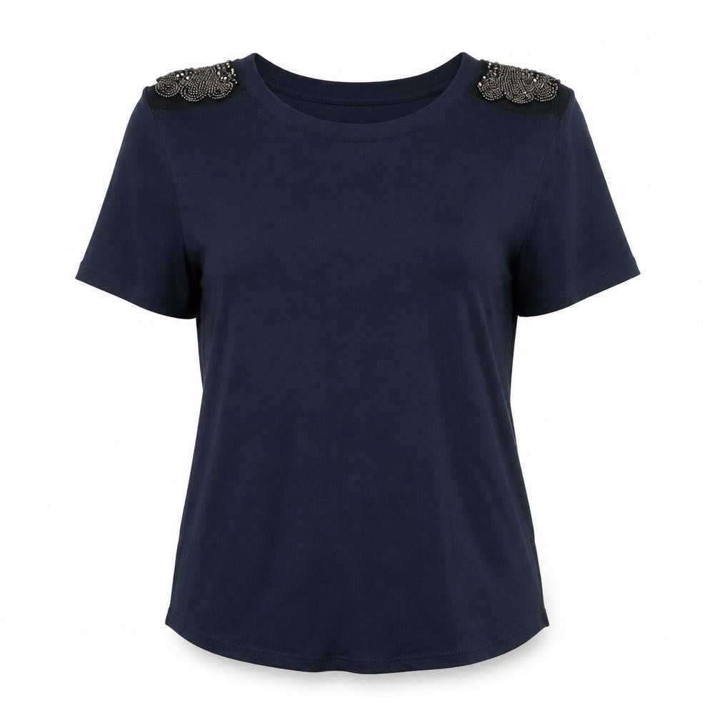 Oasis Womens Blue Cotton Basic T-Shirt Size L Scoop Neck - Logo - Beaded detail to shoulders.