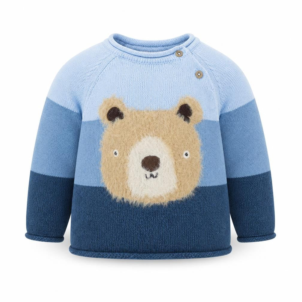Front view of Next boys’ blue cotton jumper, size 6-9, months - fluffy teddy bear