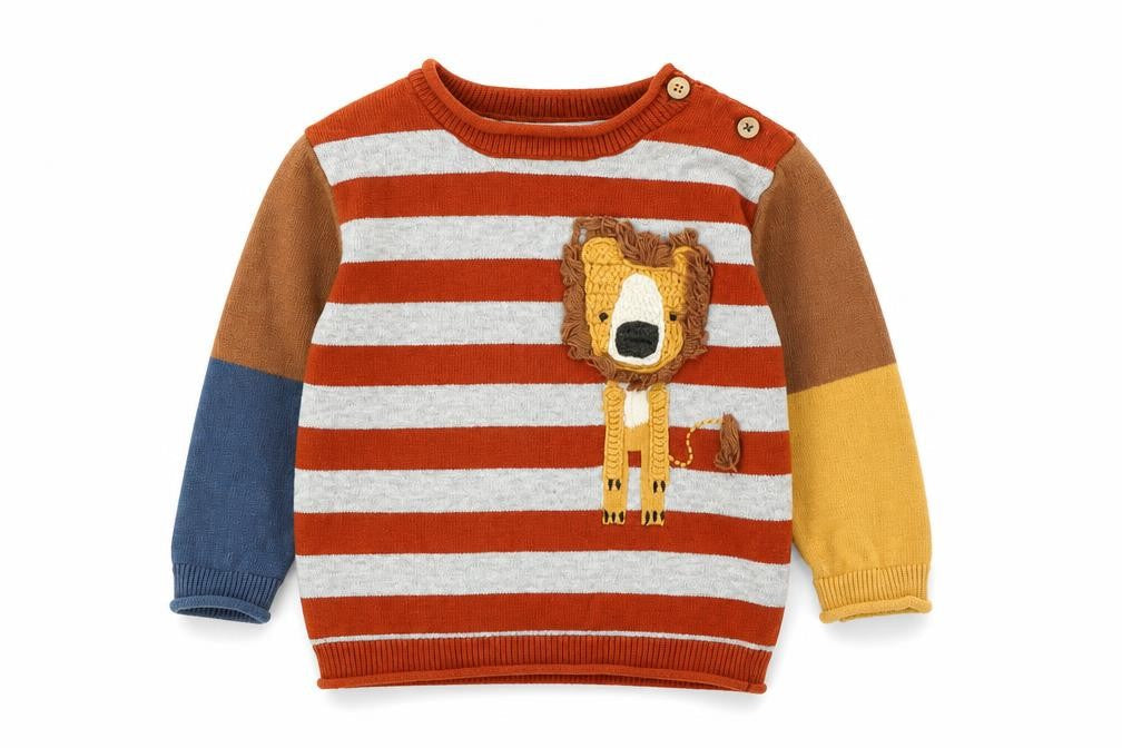 Front view of Next boys’ brown cotton jumper, size 6-9, months - logo -lion