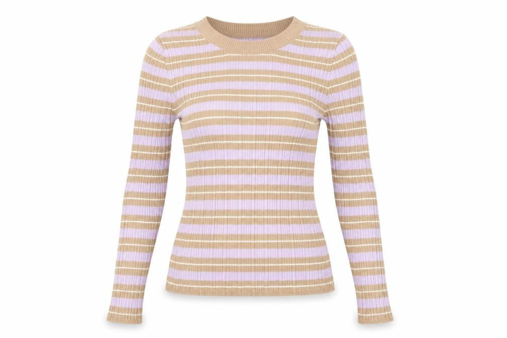 Front view of ASOS women’s beige striped acrylic basic t-shirt, size UK 14, round neck