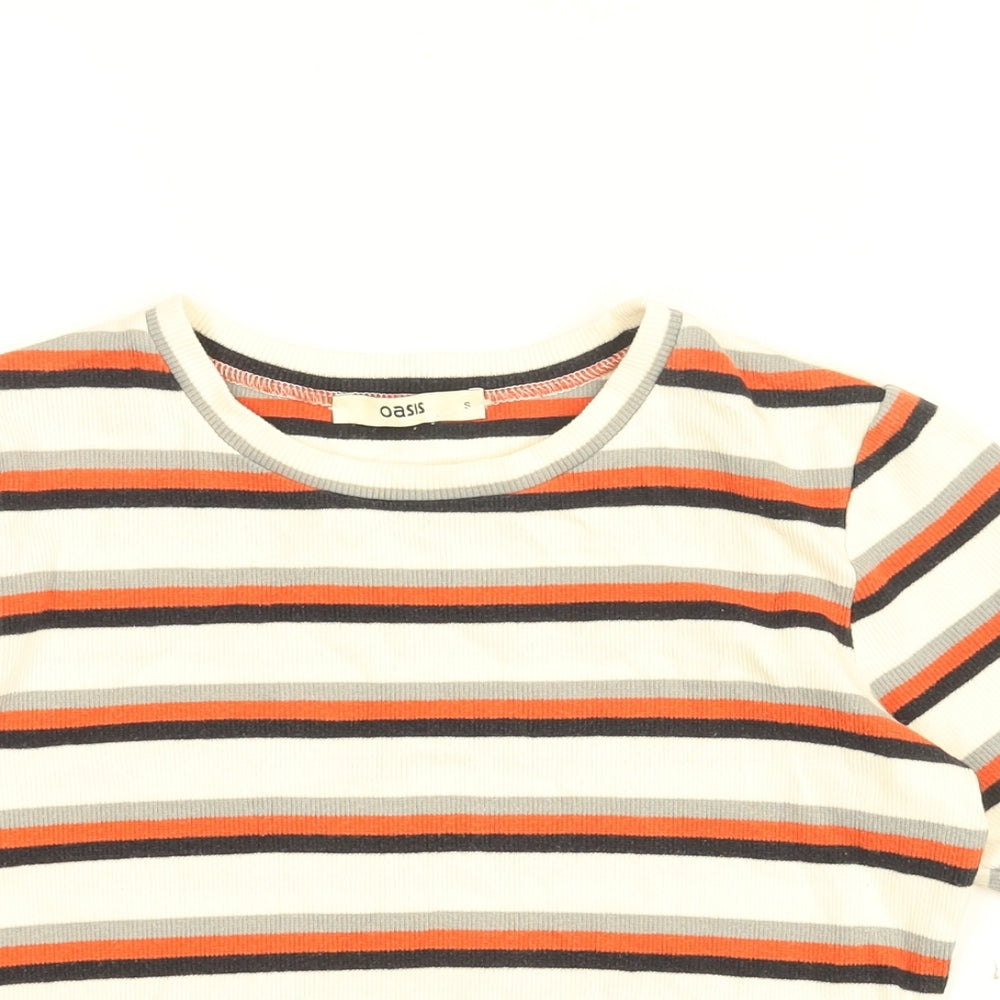 Oasis Womens White Striped Cotton Basic T-Shirt Size S Round Neck