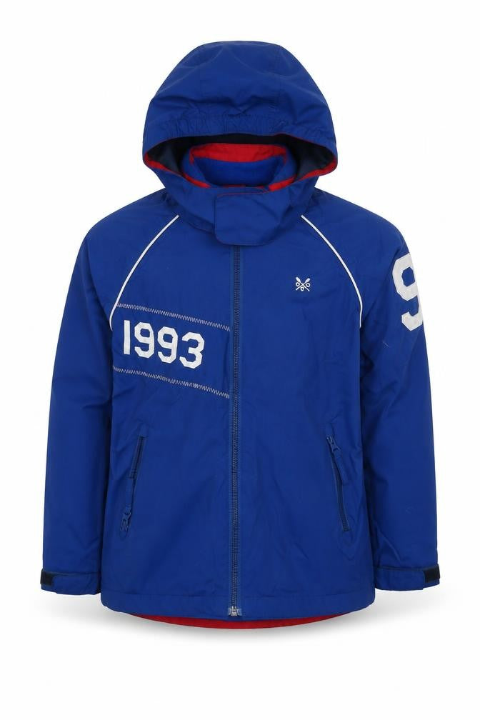 Front view of Crew Clothing Blue Jacket, size 8-9, Years Zip