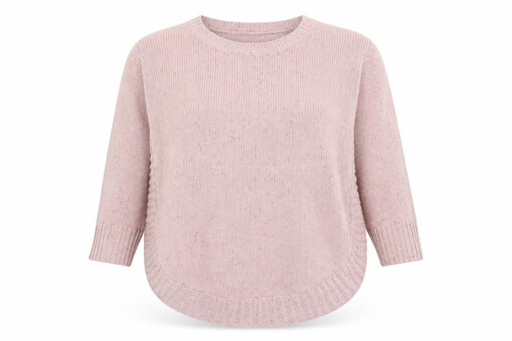 Front view of Izabel women’s pink round neck acrylic jumper, size UK 12