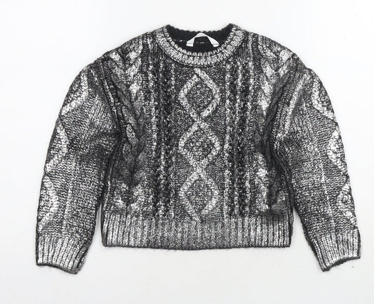 Marks and Spencer Girls Silver Round Neck Acrylic Pullover Jumper Size 6-7 Years Pullover