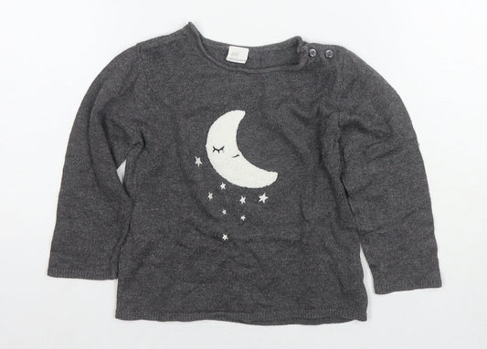 H&M Girls Grey Round Neck Polyamide Pullover Jumper Size 2 Years Pullover - Moon, Stars
