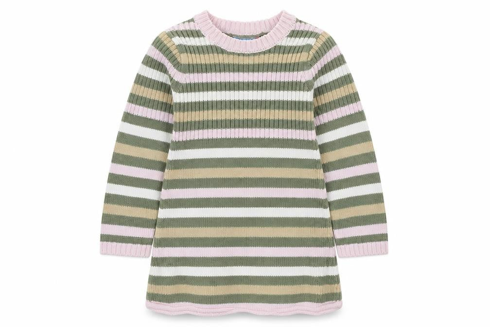 Front view of Topolino girls’ multicoloured striped cotton tunic jumper, size 18-24, months pullover
