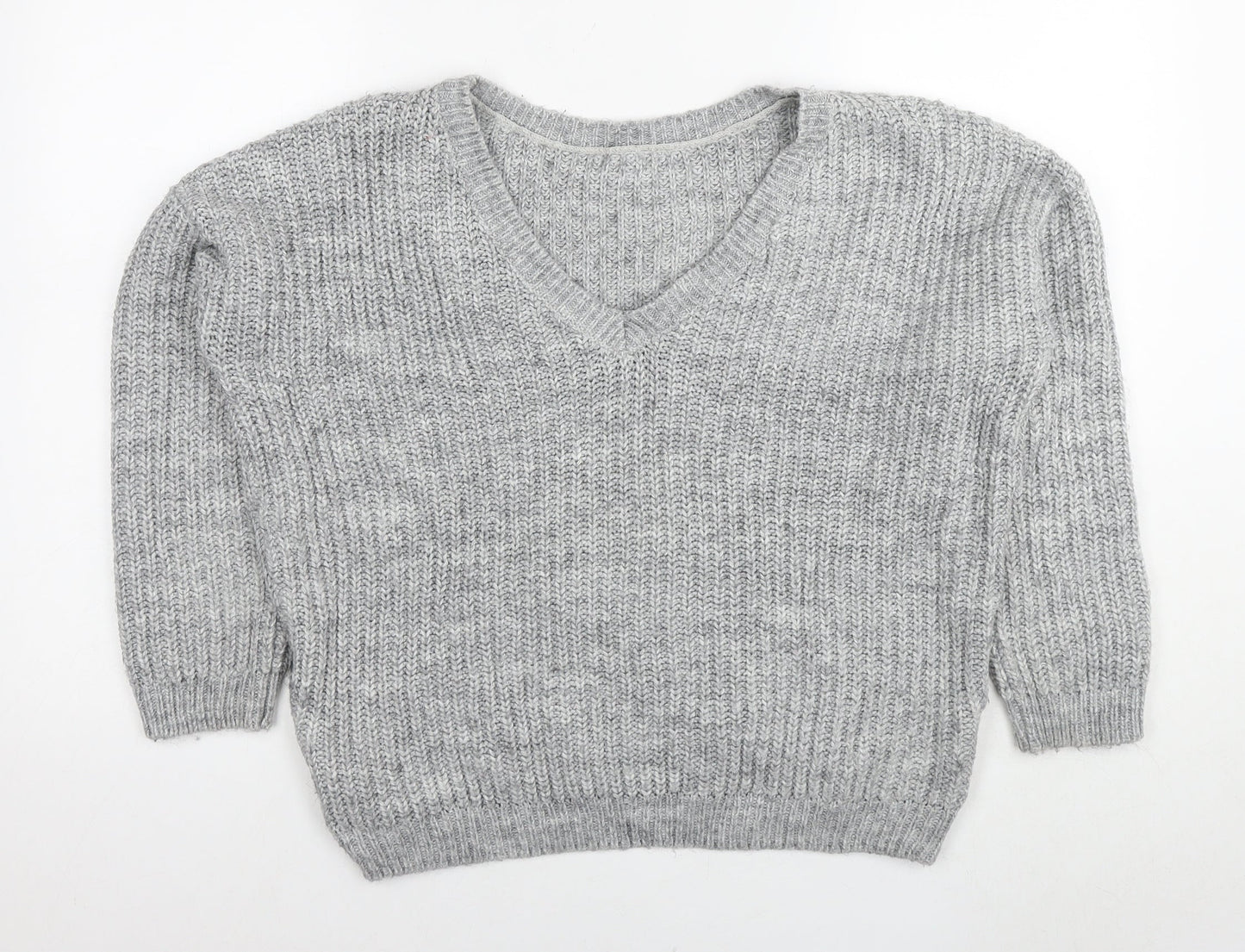 Reversed Womens Grey V-Neck Acrylic Pullover Jumper Size S