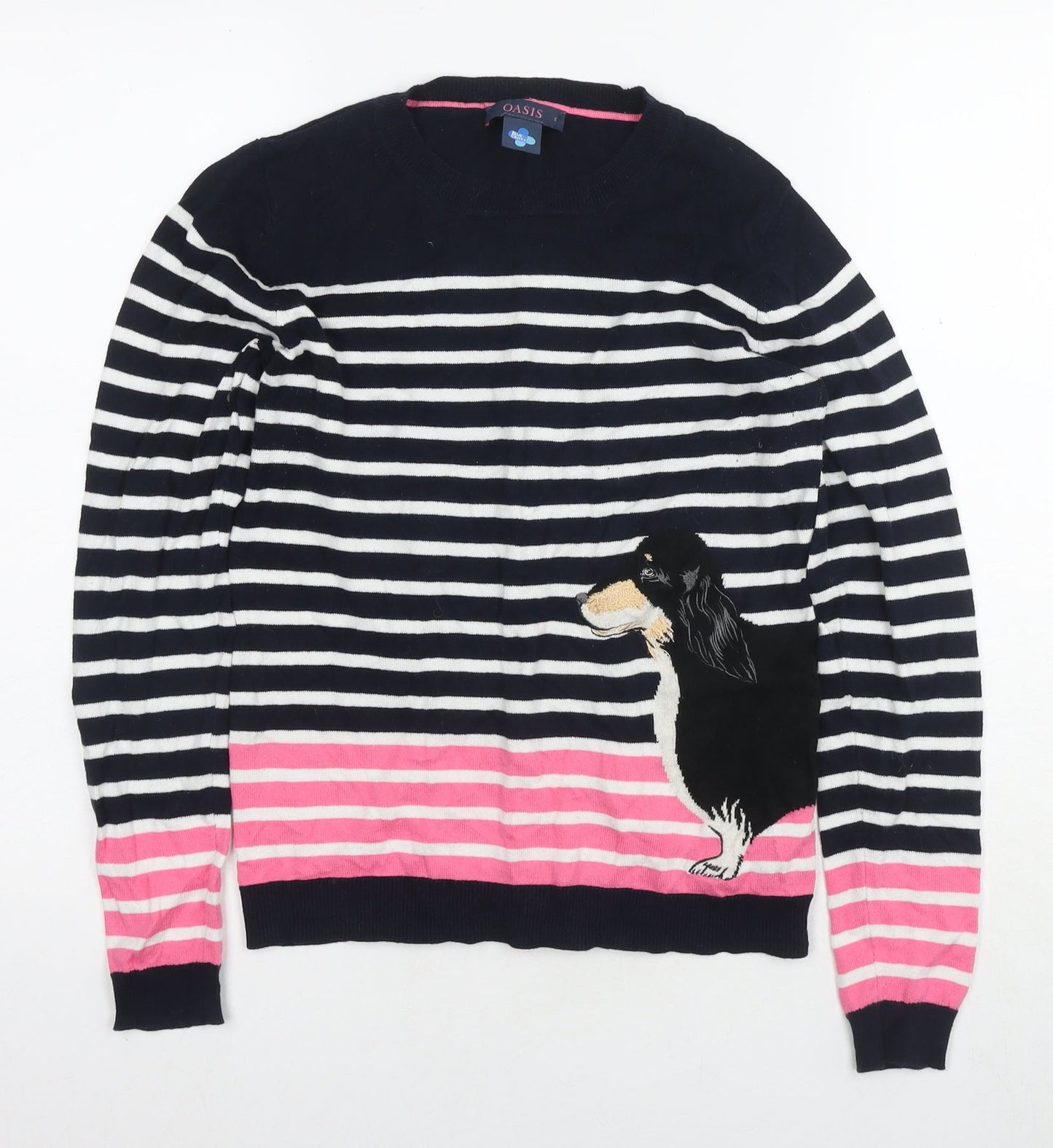 Oasis Womens Blue Round Neck Striped Cotton Pullover Jumper Size S - Dog