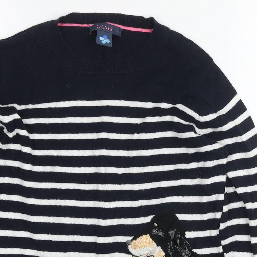 Oasis Womens Blue Round Neck Striped Cotton Pullover Jumper Size S - Dog