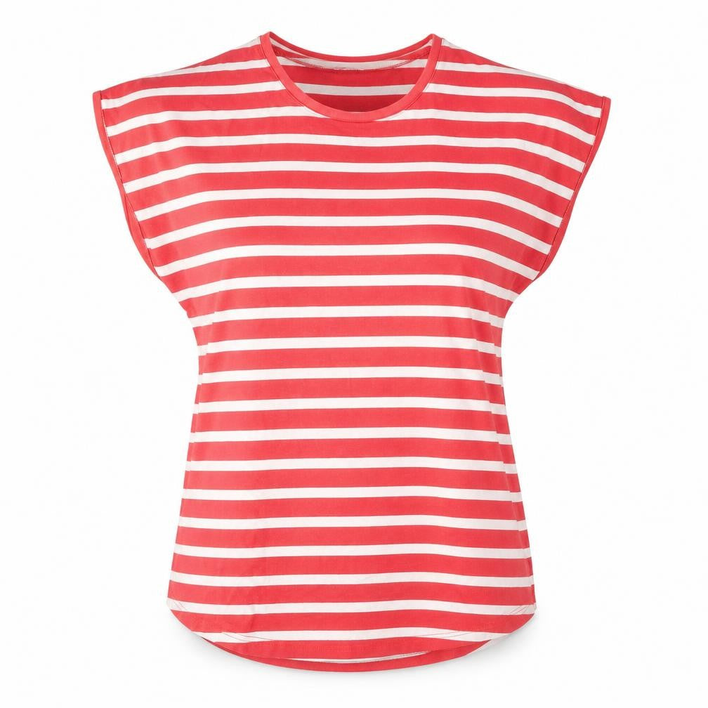 Front view of b.young women’s red striped cotton basic t-shirt, size L, crew neck
