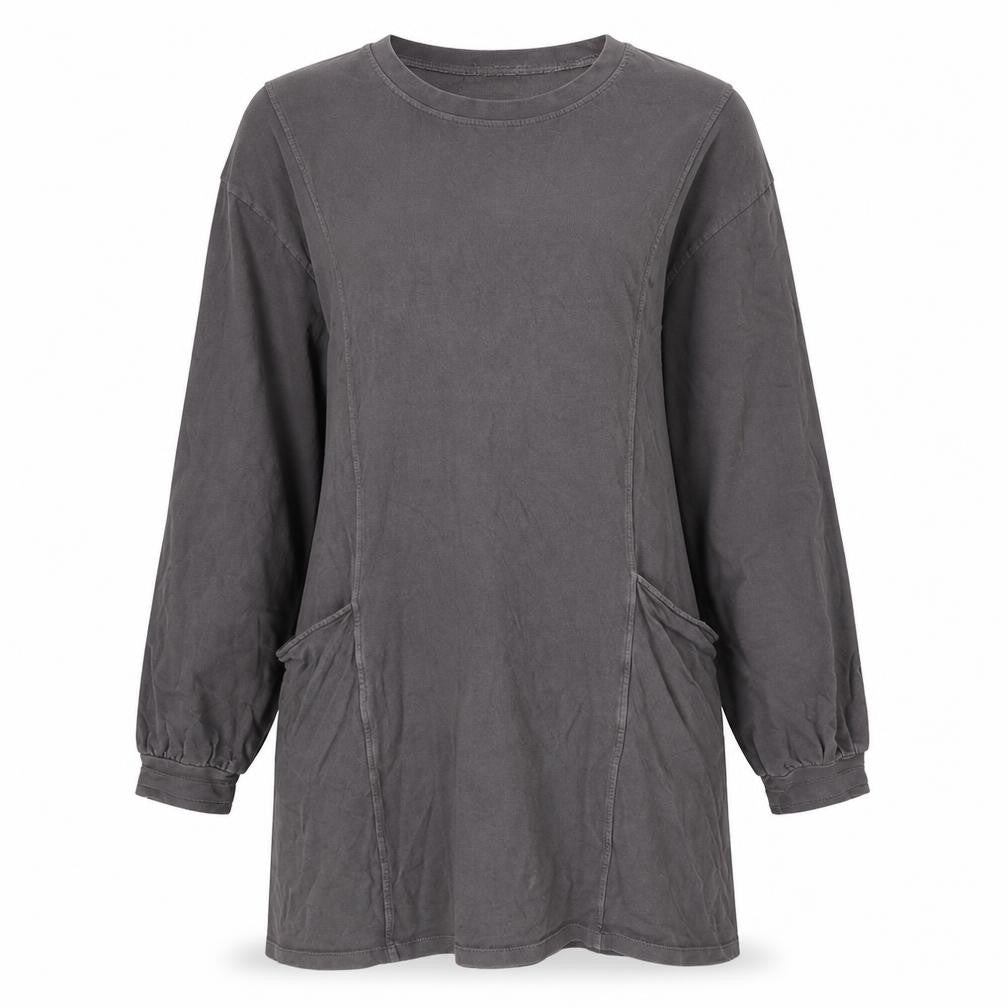 Front view of I SAW IT FIRST women’s grey cotton jumper dress, size M, crew neck - hoodie dress, pockets