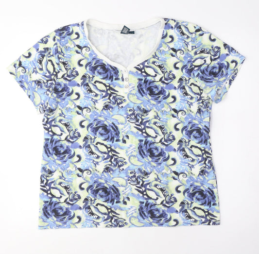 Karen Scott Womens Blue Floral Cotton Basic T-Shirt Size L V-Neck