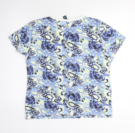 Karen Scott Womens Blue Floral Cotton Basic T-Shirt Size L V-Neck