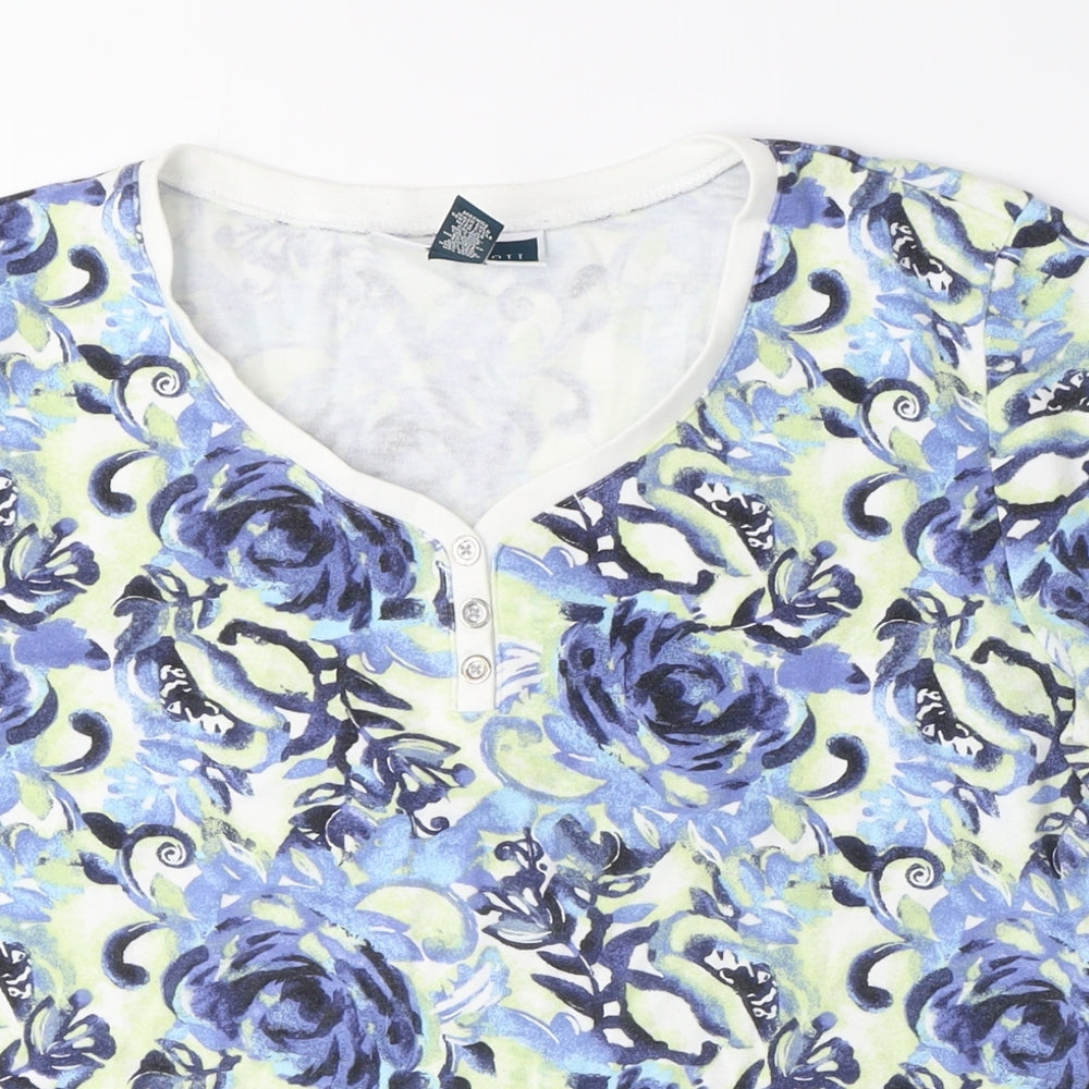 Karen Scott Womens Blue Floral Cotton Basic T-Shirt Size L V-Neck
