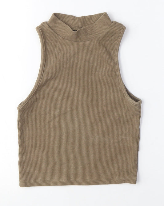 Pull&Bear Womens Brown Cotton Cropped Tank Size M Crew Neck