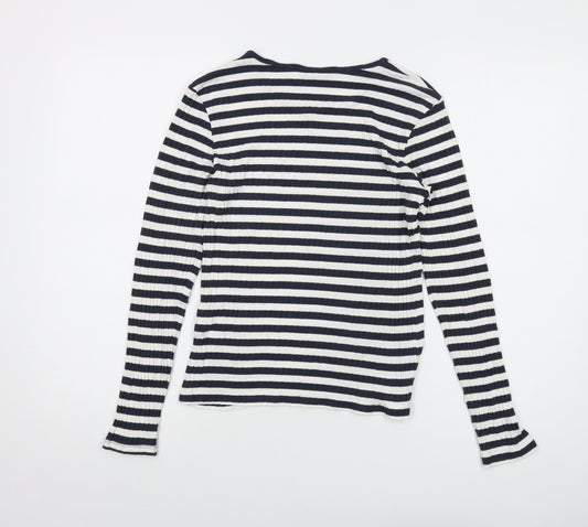 Tif Taffy Womens Blue Striped Viscose Basic T-Shirt Size L Round Neck