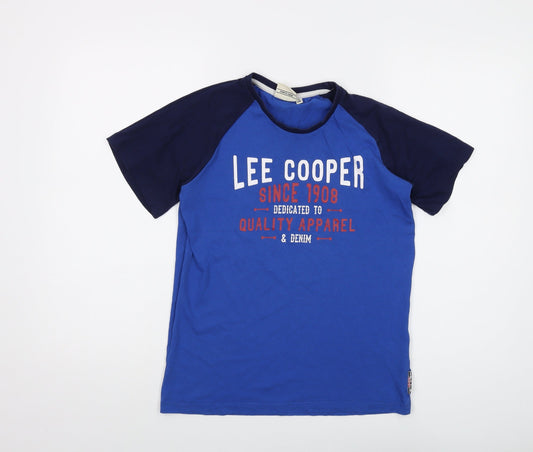 Lee Cooper Boys Blue Cotton Basic T-Shirt Size 13 Years Crew Neck Pullover