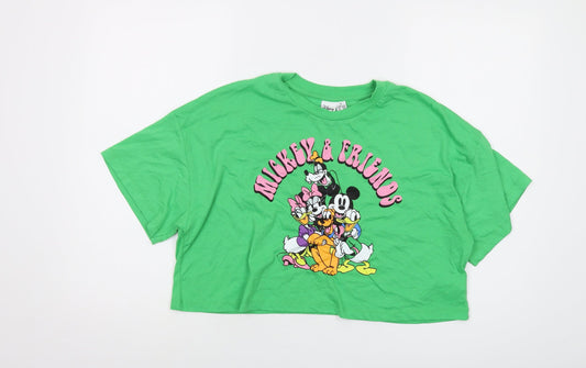 Disney Womens Green Cotton Cropped T-Shirt Size 12 Crew Neck - Mickey and Friends