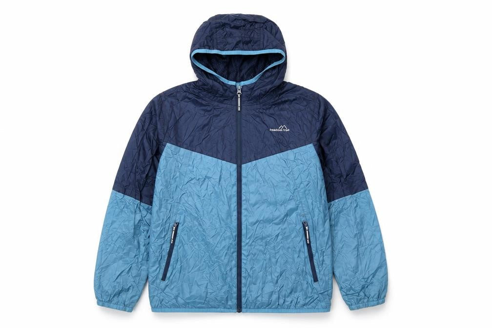 Front view of Freedom Trail boys’ blue colourblock rain coat coat, size 11-12, years zip