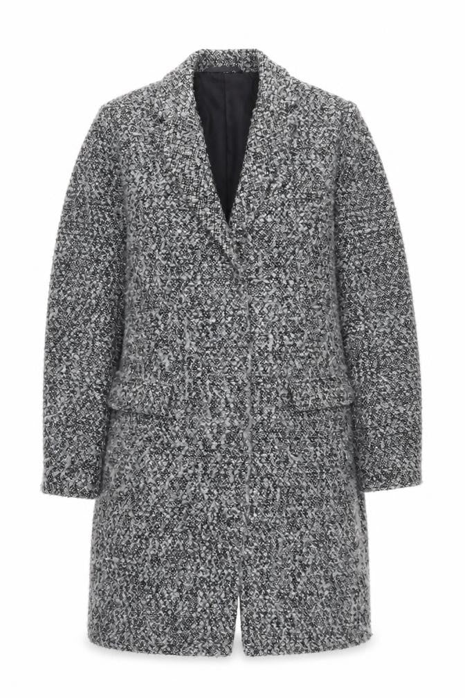 Front view of French Connection women’s grey overcoat coat, size M, button