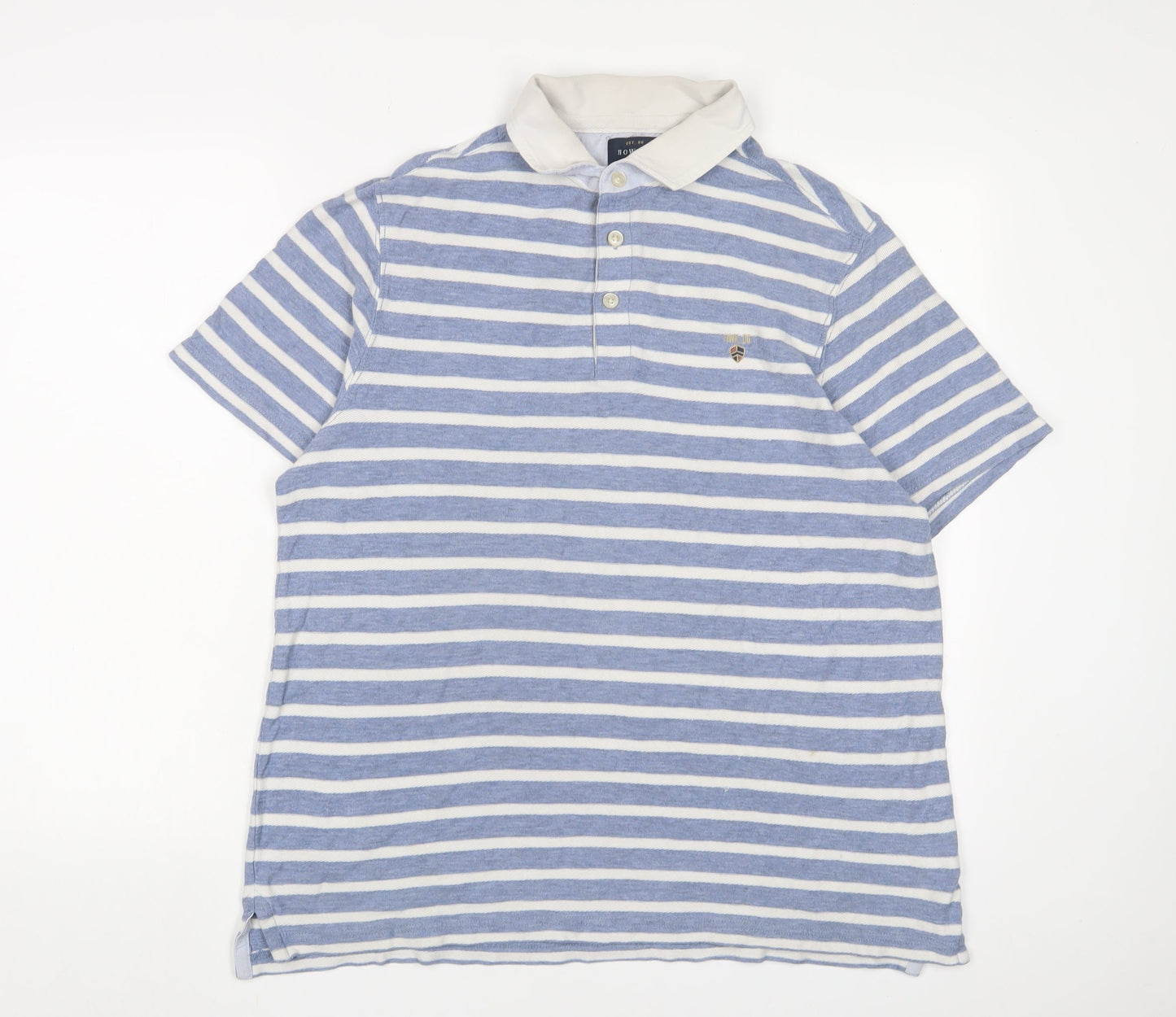 Howick Tailored Mens Blue Striped Cotton Polo Size L Collared Button - Logo, Embroidered