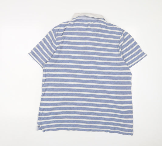 Howick Tailored Mens Blue Striped Cotton Polo Size L Collared Button - Logo, Embroidered