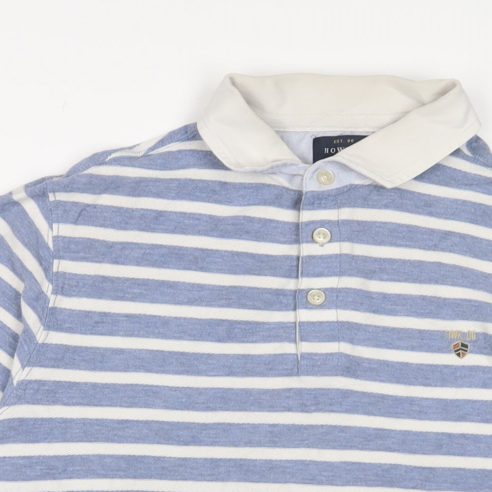 Howick Tailored Mens Blue Striped Cotton Polo Size L Collared Button - Logo, Embroidered